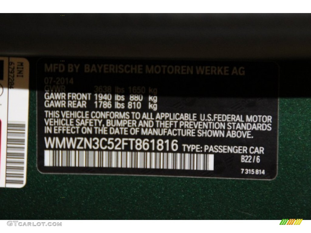 2015 Convertible Color Code B22 for British Racing Green II Metallic Photo #101311641