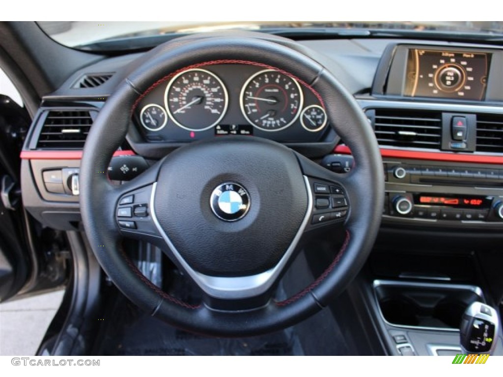 2012 BMW 3 Series 328i Sedan Black/Red Highlight Steering Wheel Photo #101441668