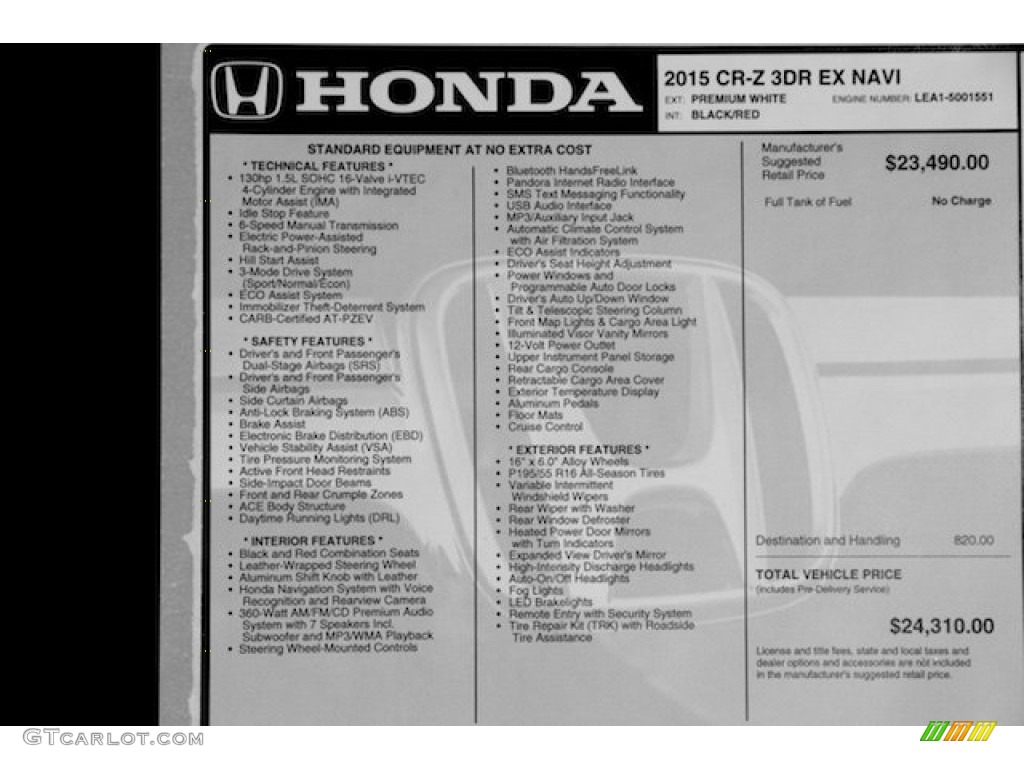 2015 Honda CR-Z EX Navigation Window Sticker Photos