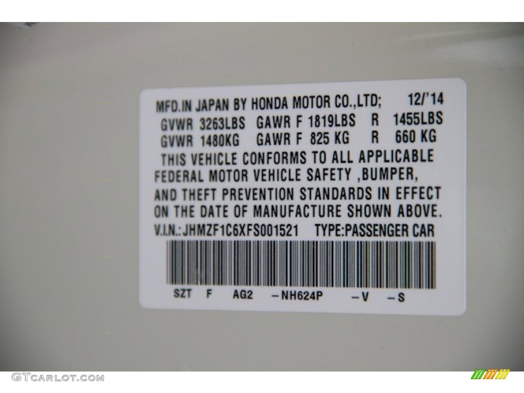 2015 CR-Z Color Code NH624P for Premium White Pearl Photo #101446794