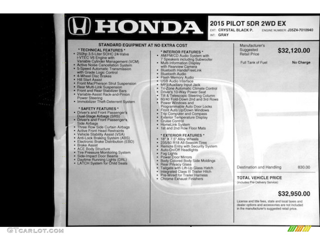 2015 Pilot EX - Crystal Black Pearl / Gray photo #20
