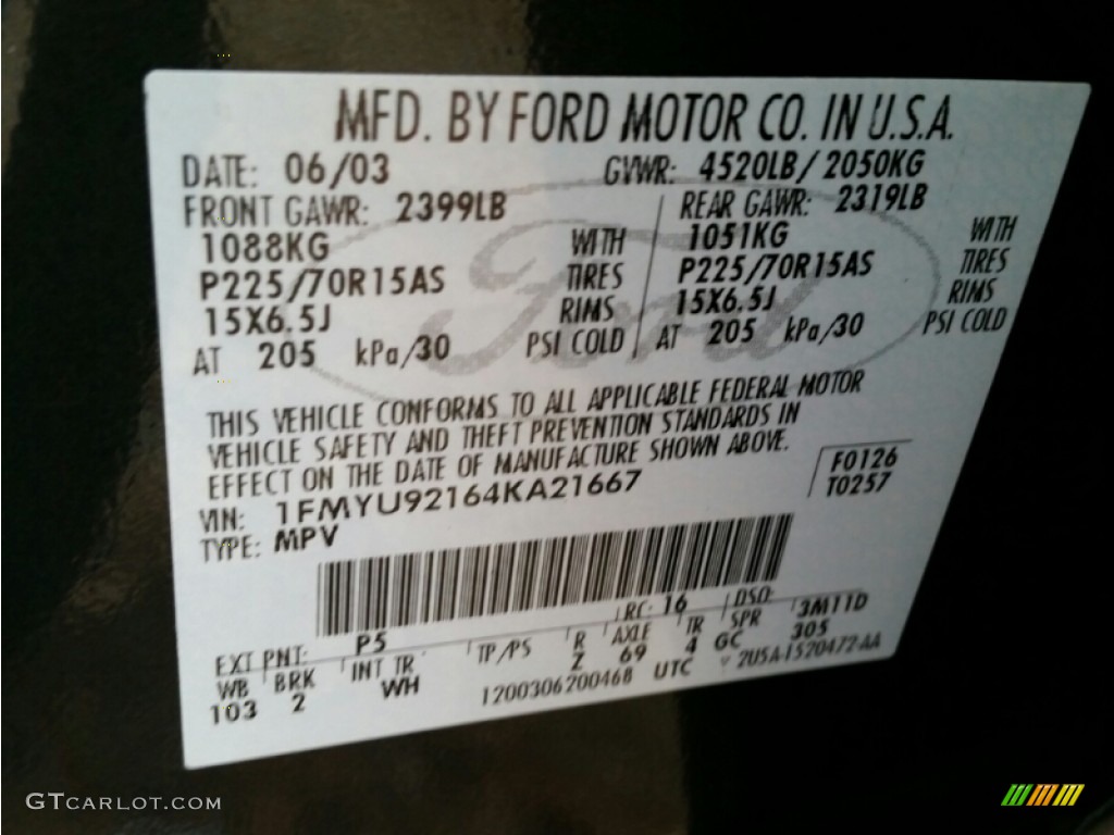 2004 Ford Escape XLS V6 4WD Color Code Photos