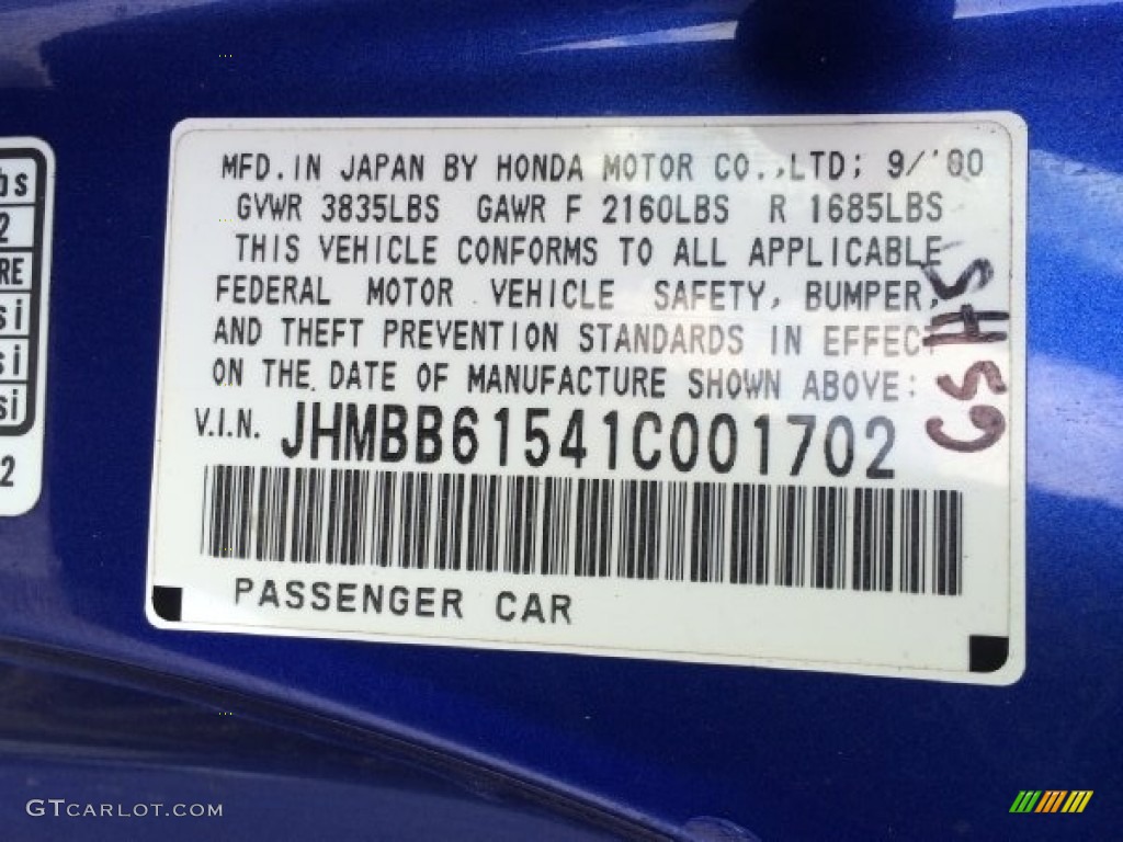 2001 Honda Prelude Type SH Info Tag Photo #101543848