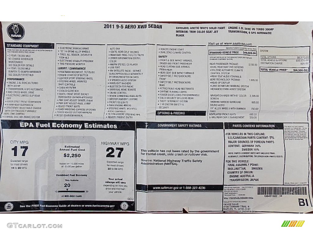 2011 Saab 9-5 Aero XWD Sedan Window Sticker Photo #101657753