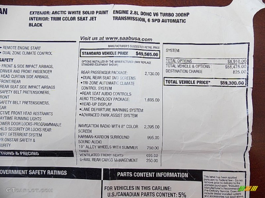 2011 Saab 9-5 Aero XWD Sedan Window Sticker Photo #101657831