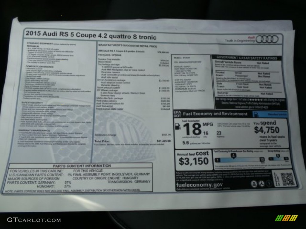2015 Audi RS 5 Coupe quattro Window Sticker Photo #101700794