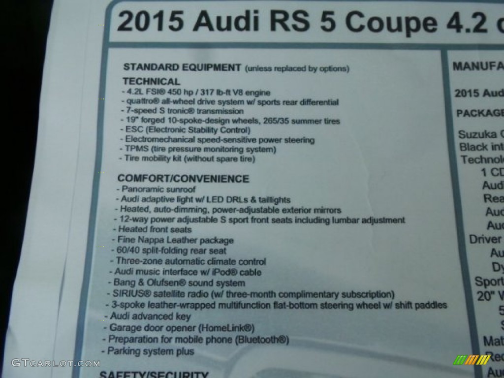 2015 Audi RS 5 Coupe quattro Window Sticker Photo #101700835