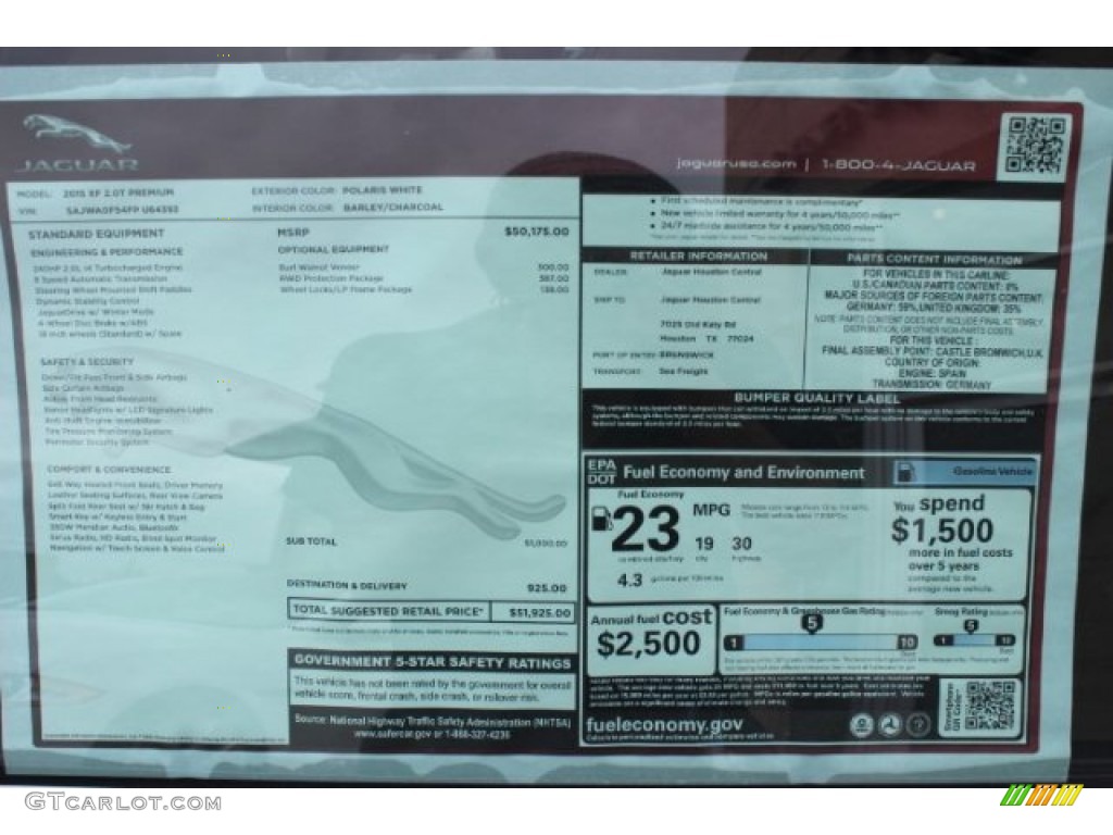 2015 Jaguar XF 2.0T Premium Window Sticker Photo #101708270