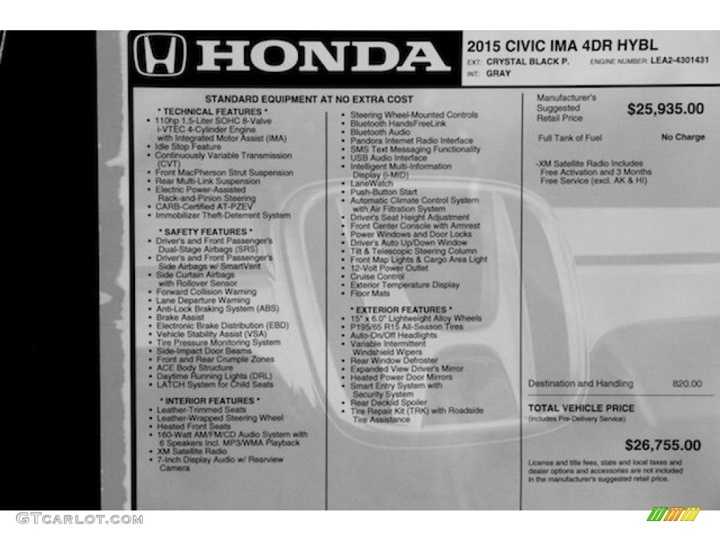 2015 Honda Civic Hybrid-L Sedan Window Sticker Photo #101714317