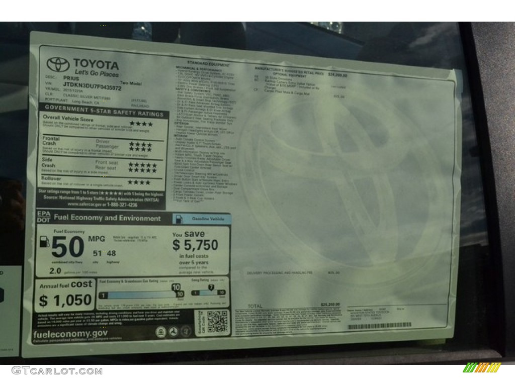 2015 Prius Two Hybrid - Classic Silver Metallic / Misty Gray photo #10