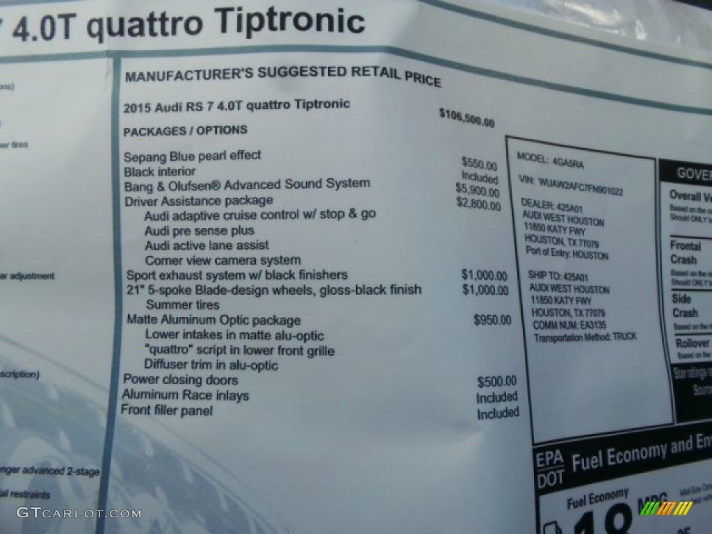 2015 Audi RS 7 4.0 TFSI quattro Window Sticker Photo #101835861