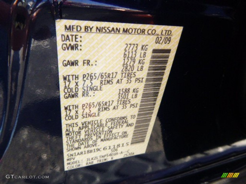 2009 Nissan Pathfinder SE 4x4 Color Code Photos