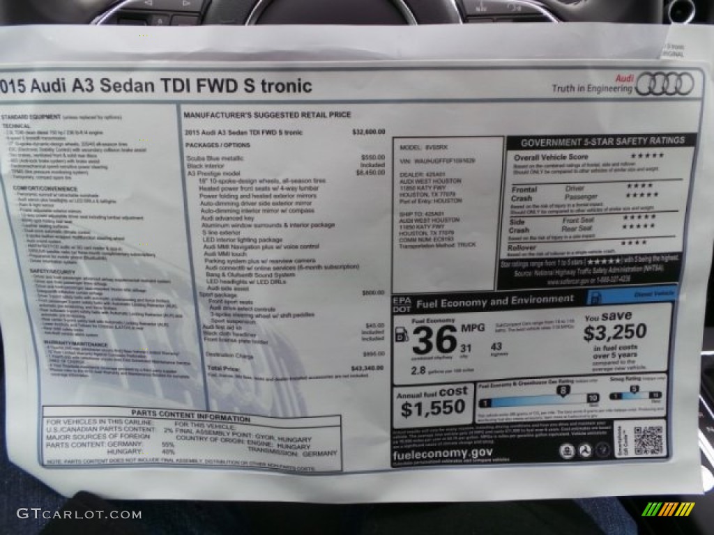 2015 Audi A3 2.0 TDI Premium Window Sticker Photo #101872633