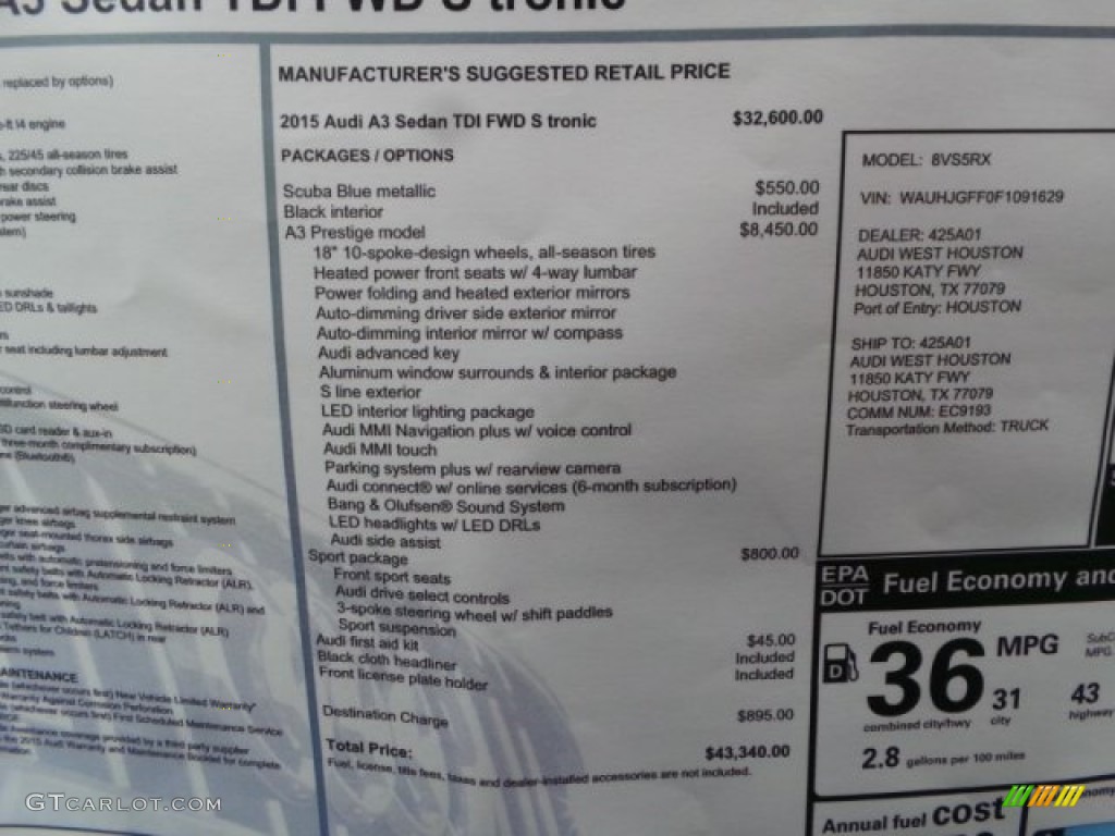 2015 Audi A3 2.0 TDI Premium Window Sticker Photo #101872651