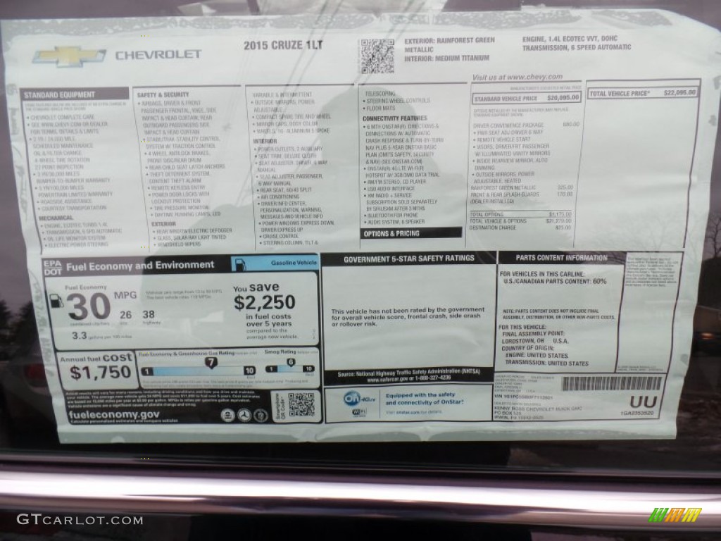 2015 Chevrolet Cruze LT Window Sticker Photo #101963712