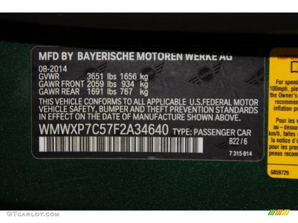2015 Cooper Color Code B22 for British Racing Green II Metallic Photo #101977184