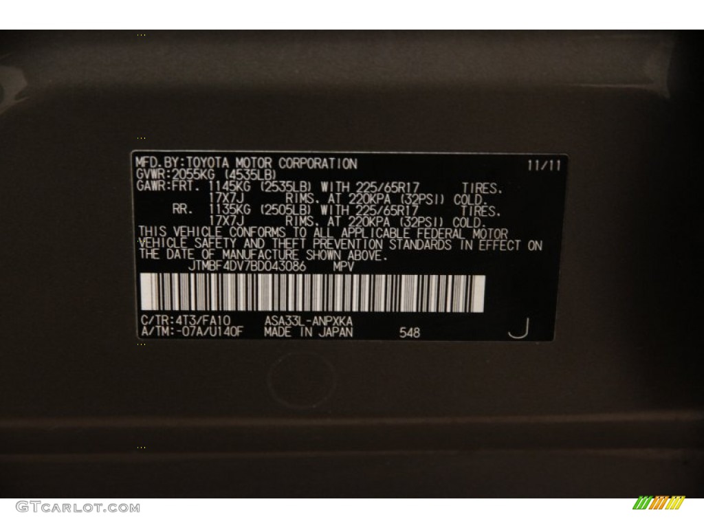 2011 Toyota RAV4 I4 4WD Color Code Photos