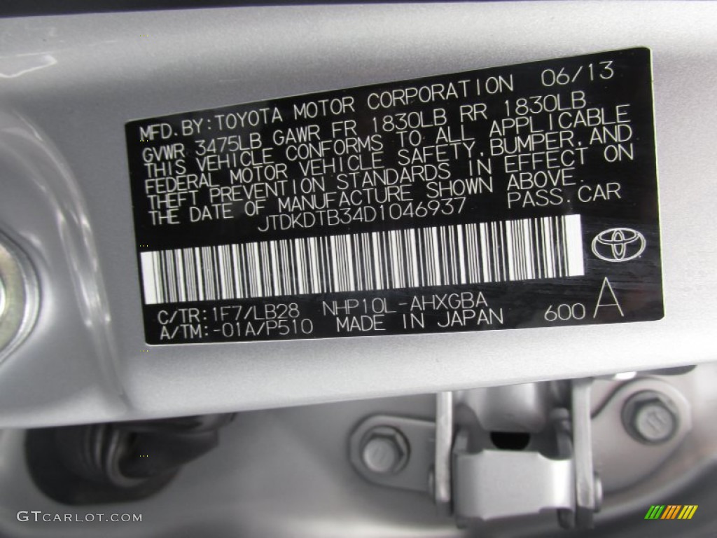 2013 Prius c Color Code 1F7 for Classic Silver Metallic Photo #101985989