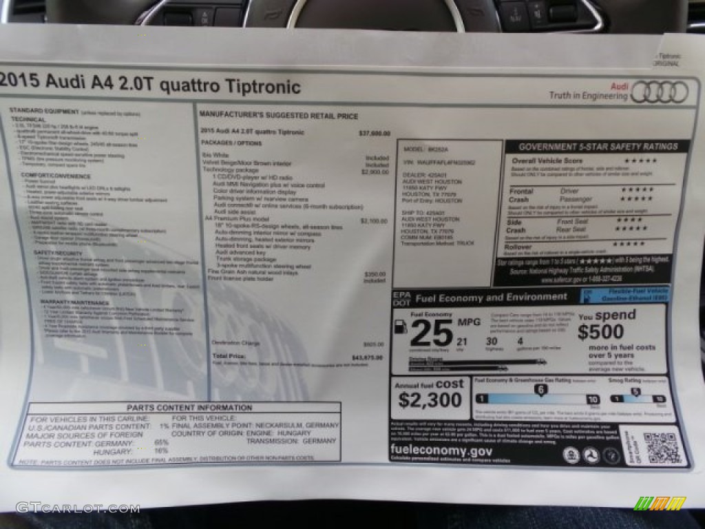 2015 A4 2.0T Premium Plus quattro - Ibis White / Beige/Brown photo #31