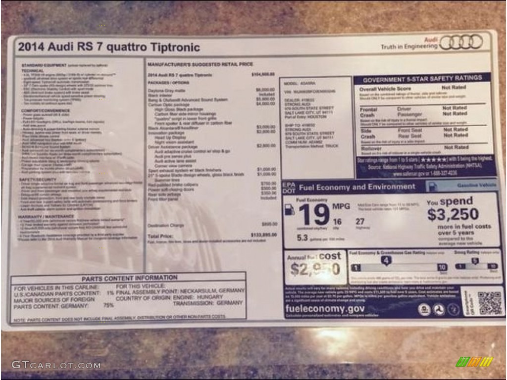 2014 Audi RS 7 4.0 TFSI quattro Window Sticker Photo #102052140