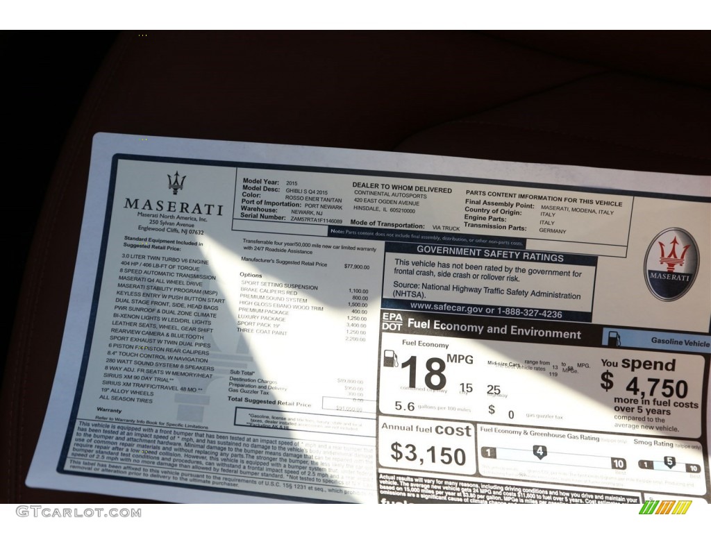 2015 Maserati Ghibli S Q4 Window Sticker Photo #102079761