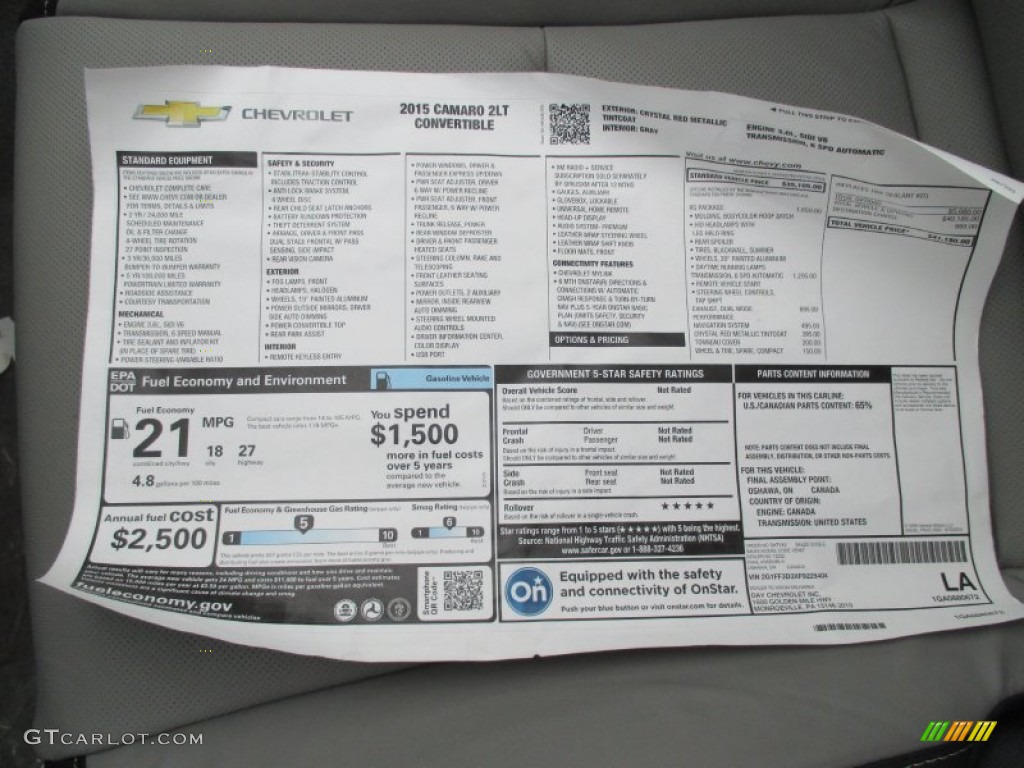 2015 Chevrolet Camaro LT/RS Convertible Window Sticker Photo #102129039