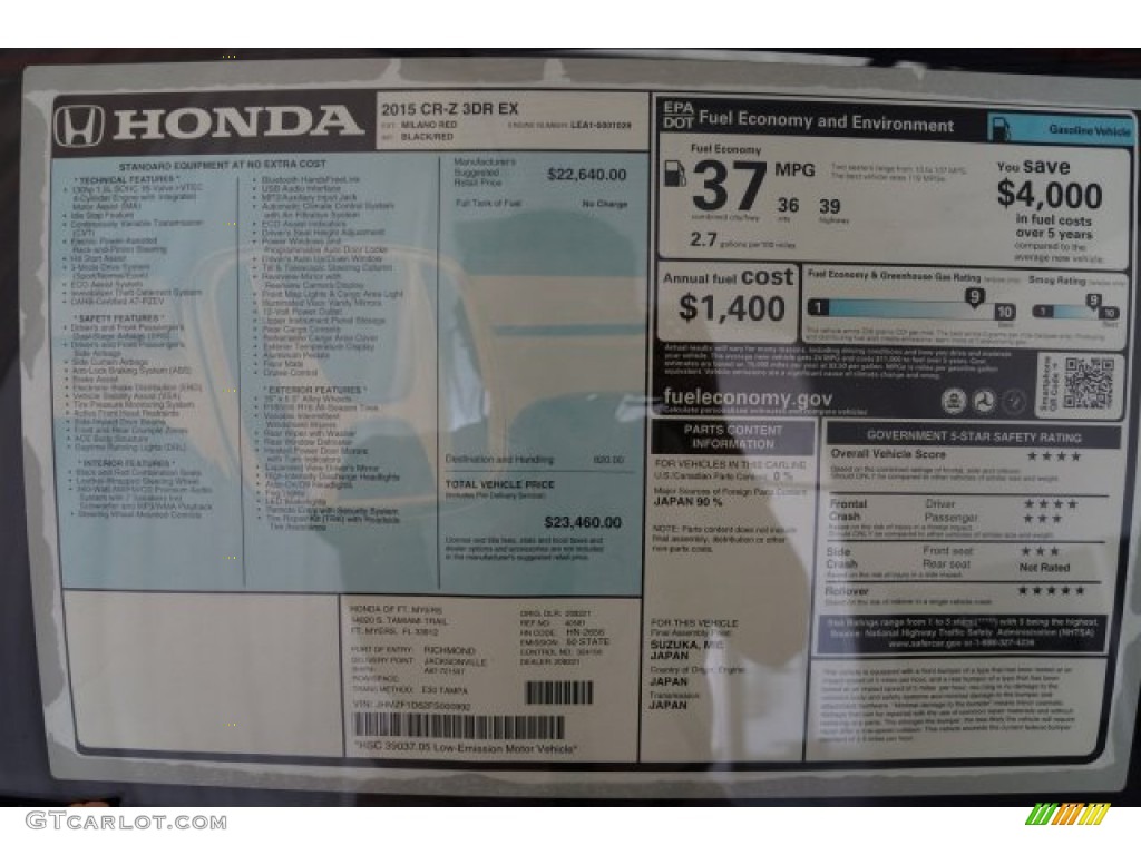 2015 Honda CR-Z EX Window Sticker Photo #102140058
