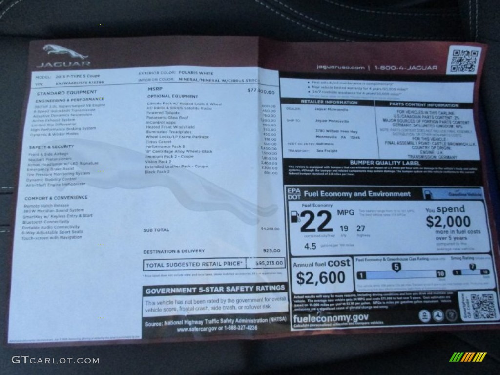 2015 Jaguar F-TYPE S Coupe Window Sticker Photo #102157628