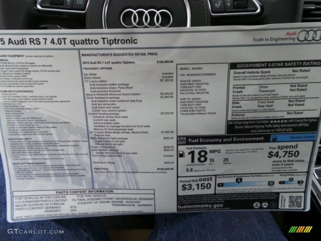 2015 Audi RS 7 4.0 TFSI quattro Window Sticker Photo #102158438