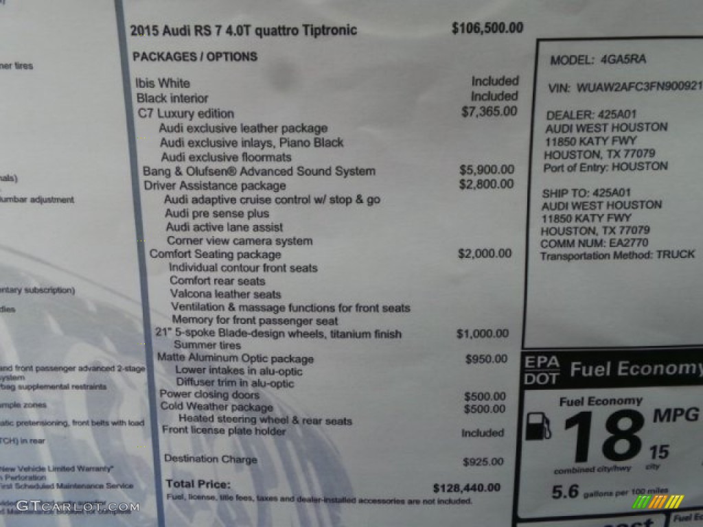 2015 Audi RS 7 4.0 TFSI quattro Window Sticker Photo #102158459