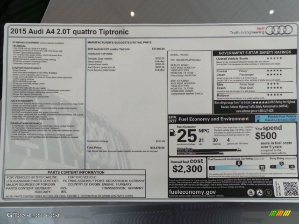 2015 Audi A4 2.0T Premium quattro Window Sticker Photo #102162392
