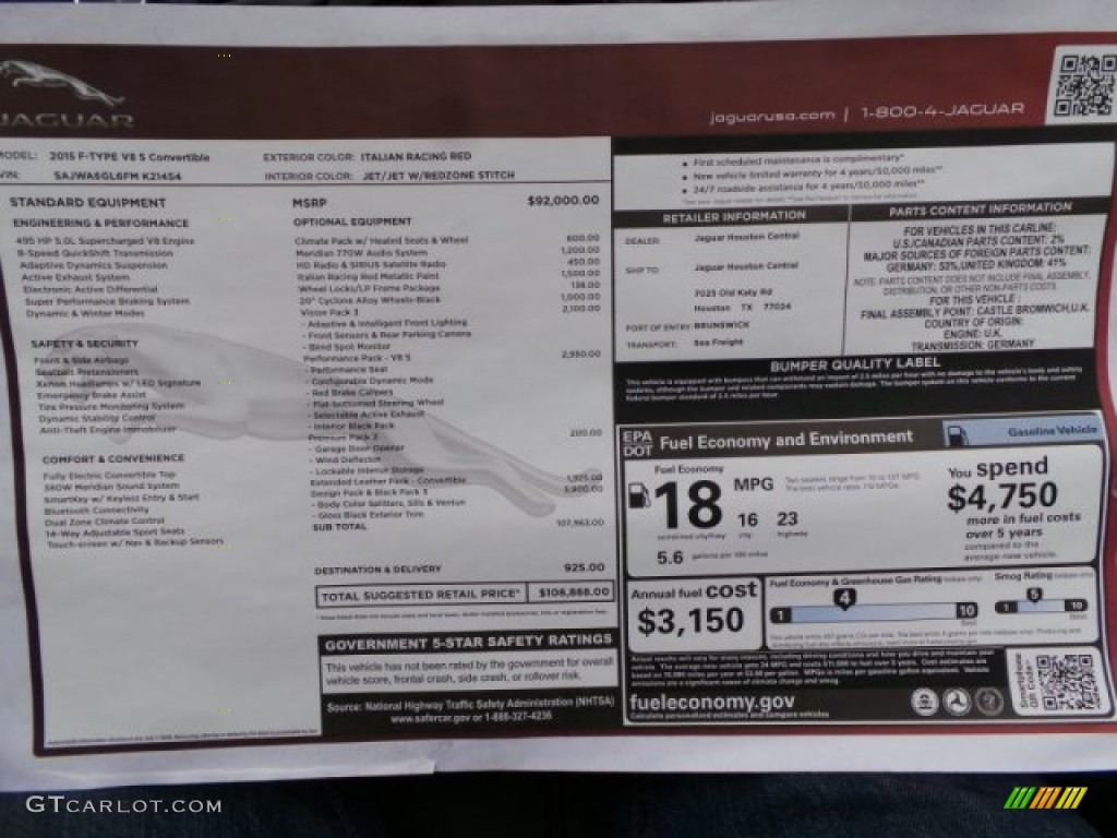 2015 Jaguar F-TYPE V8 S Convertible Window Sticker Photo #102167657