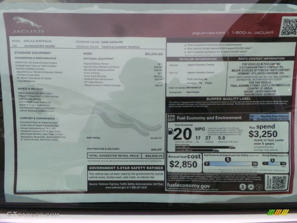 2015 Jaguar XJ XJL Portfolio Window Sticker Photo #102168923