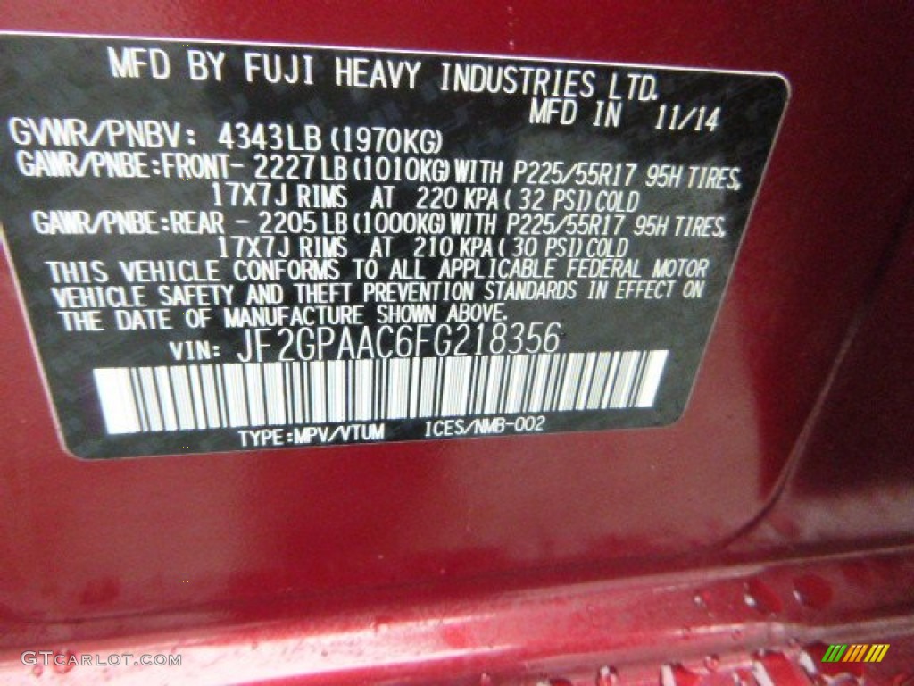 2015 XV Crosstrek 2.0i - Venetian Red Pearl / Black photo #13