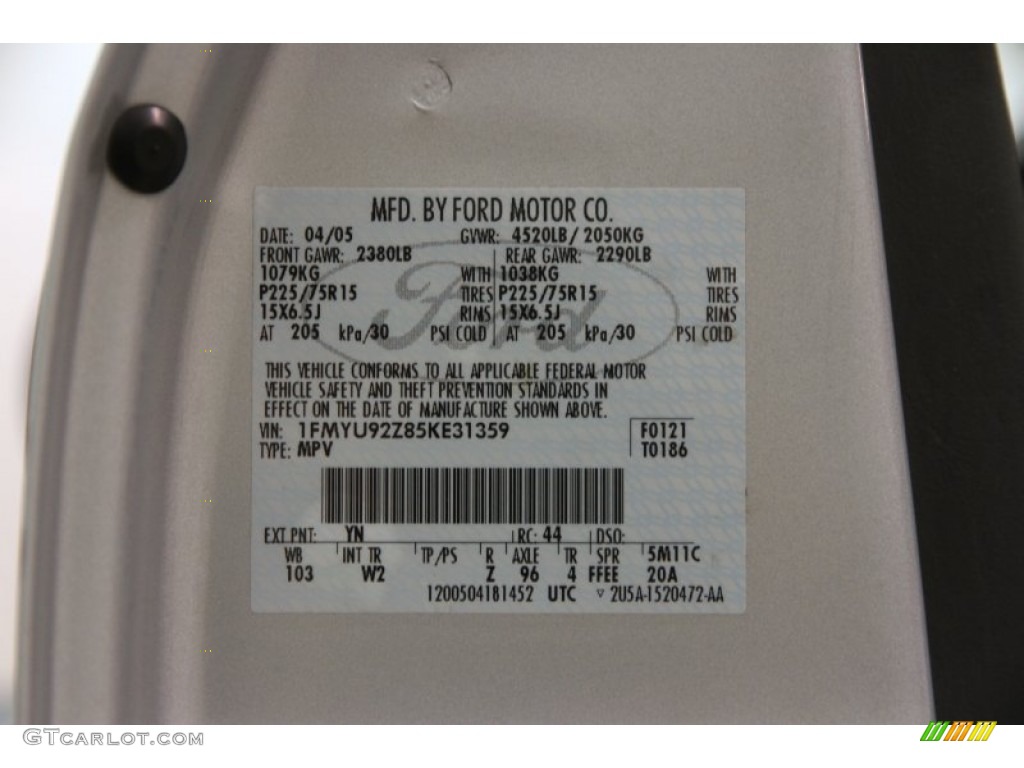 2005 Ford Escape XLS 4WD Color Code Photos