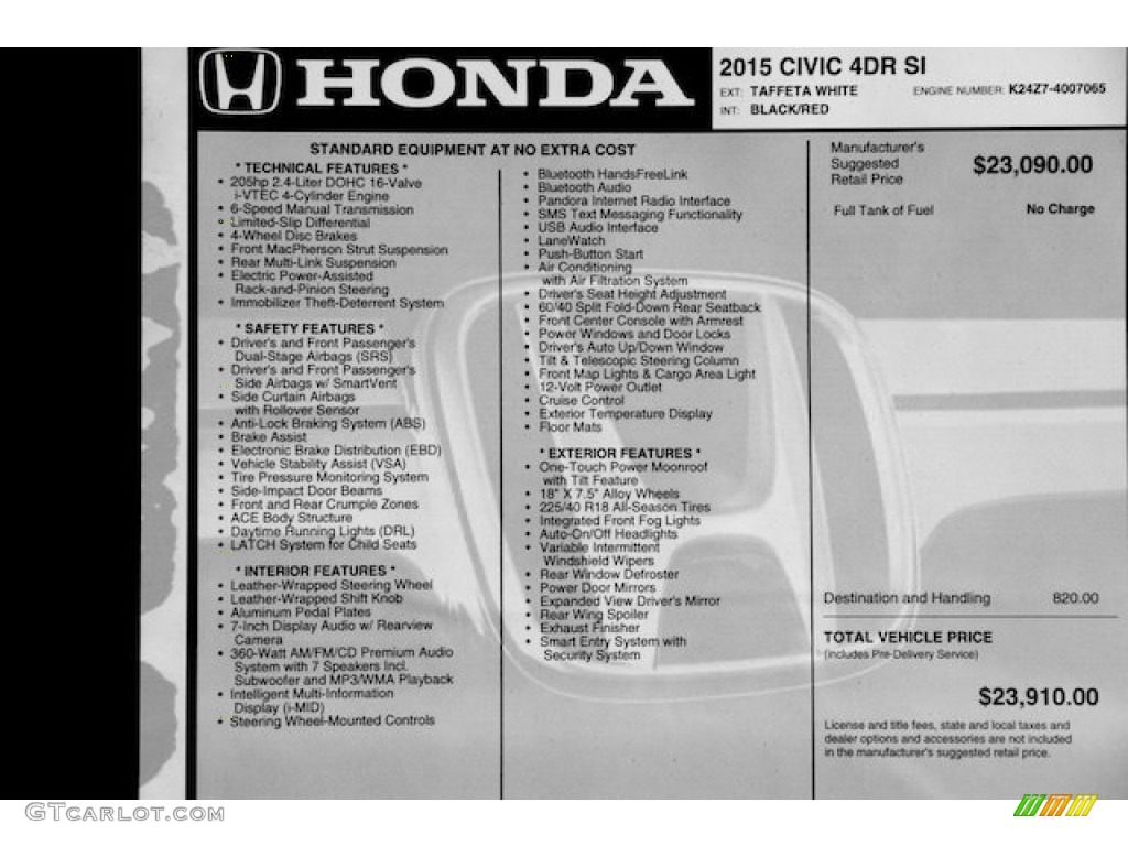 2015 Honda Civic Si Sedan Window Sticker Photo #102213110
