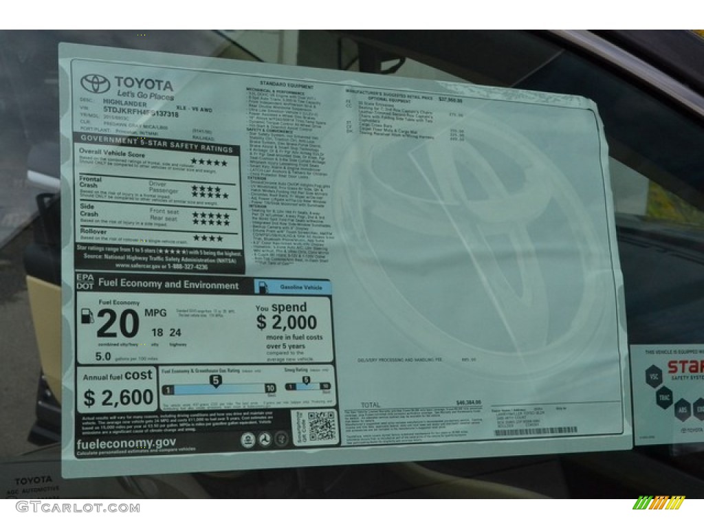 2015 Toyota Highlander XLE AWD Window Sticker Photo #102262119