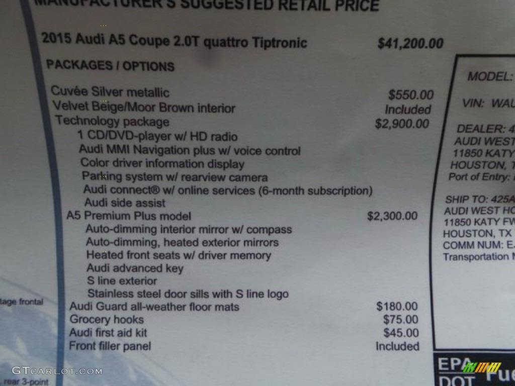 2015 A5 Premium Plus quattro Coupe - Cuvee Silver Metallic / Velvet Beige photo #29