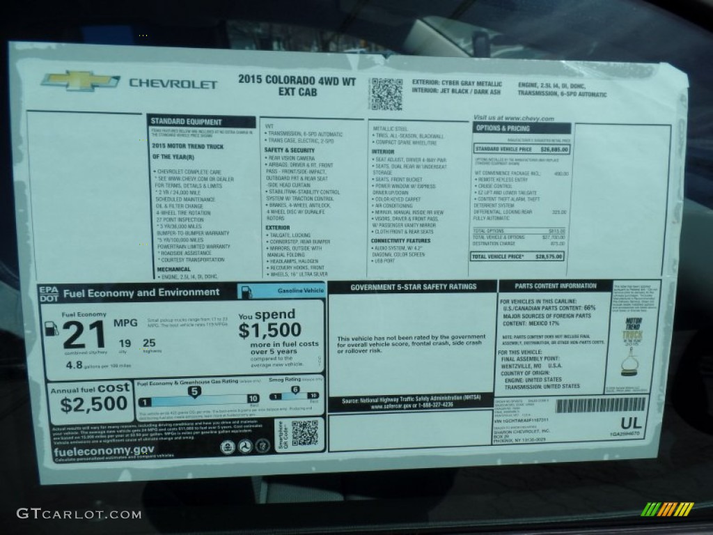 2015 Chevrolet Colorado WT Extended Cab 4WD Window Sticker Photo #102355898
