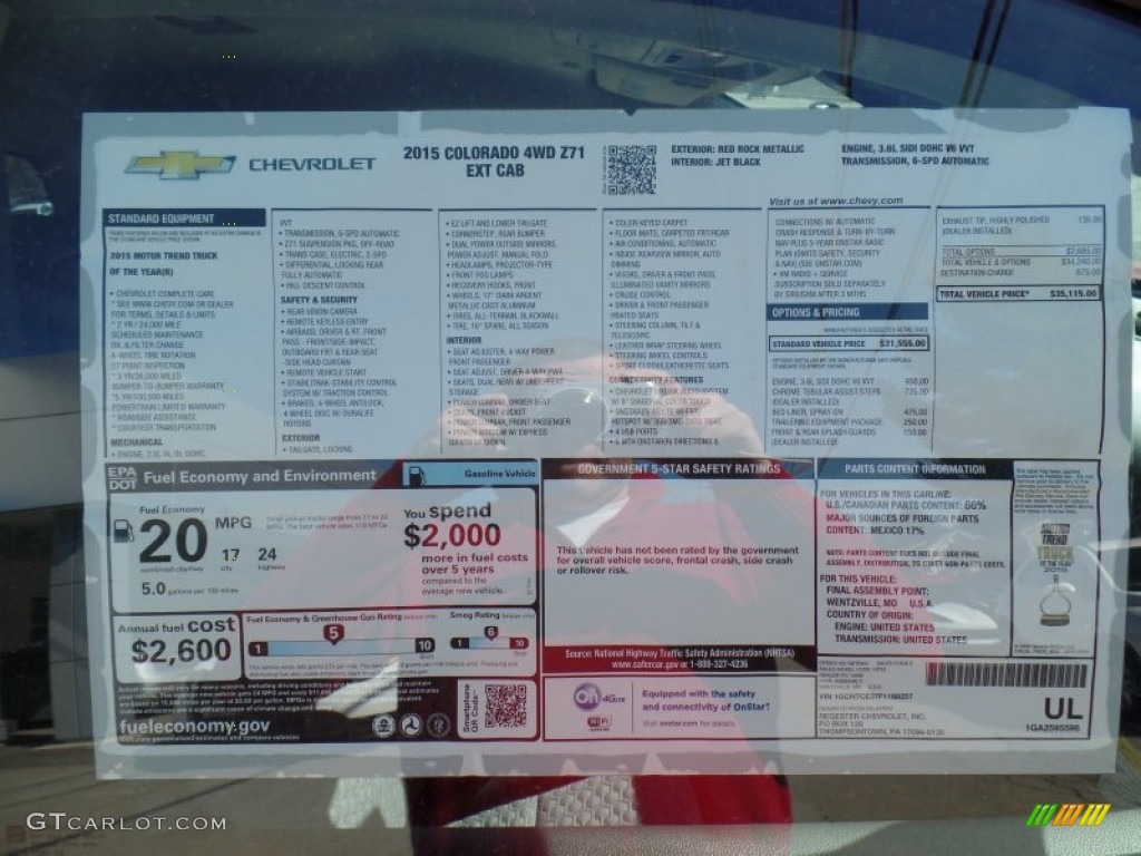 2015 Chevrolet Colorado Z71 Extended Cab 4WD Window Sticker Photo #102358058