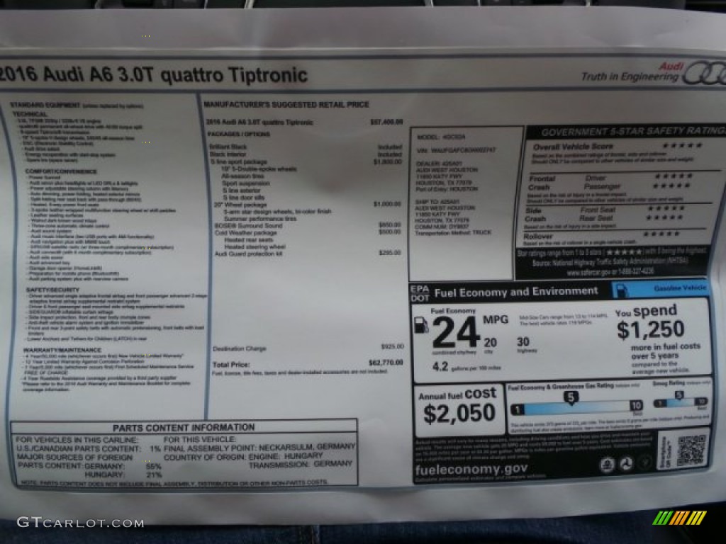 2016 Audi A6 3.0 TFSI Premium Plus quattro Window Sticker Photo #102376463