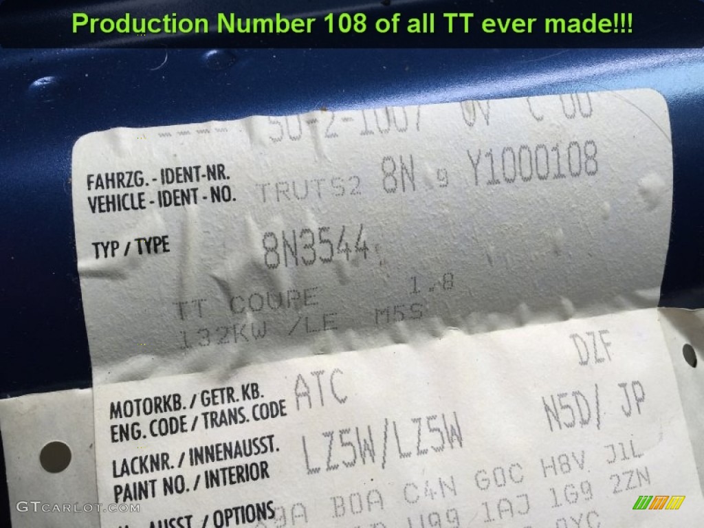 2000 Audi TT 1.8T Coupe Color Code Photos