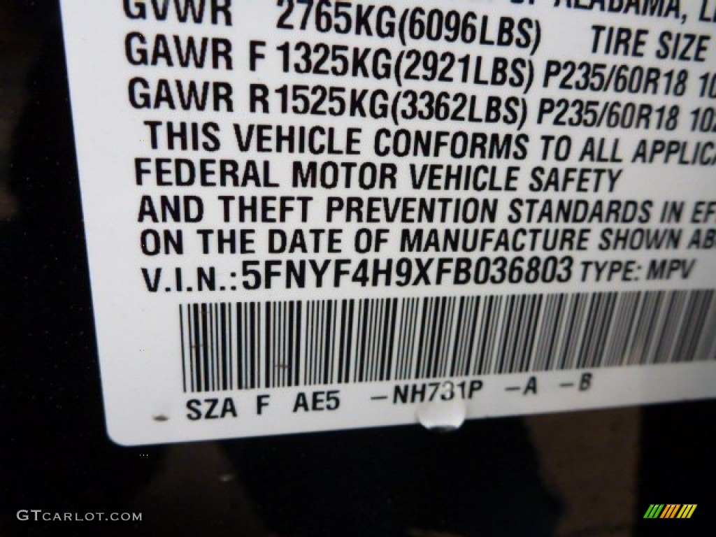 2015 Pilot Touring 4WD - Crystal Black Pearl / Black photo #25