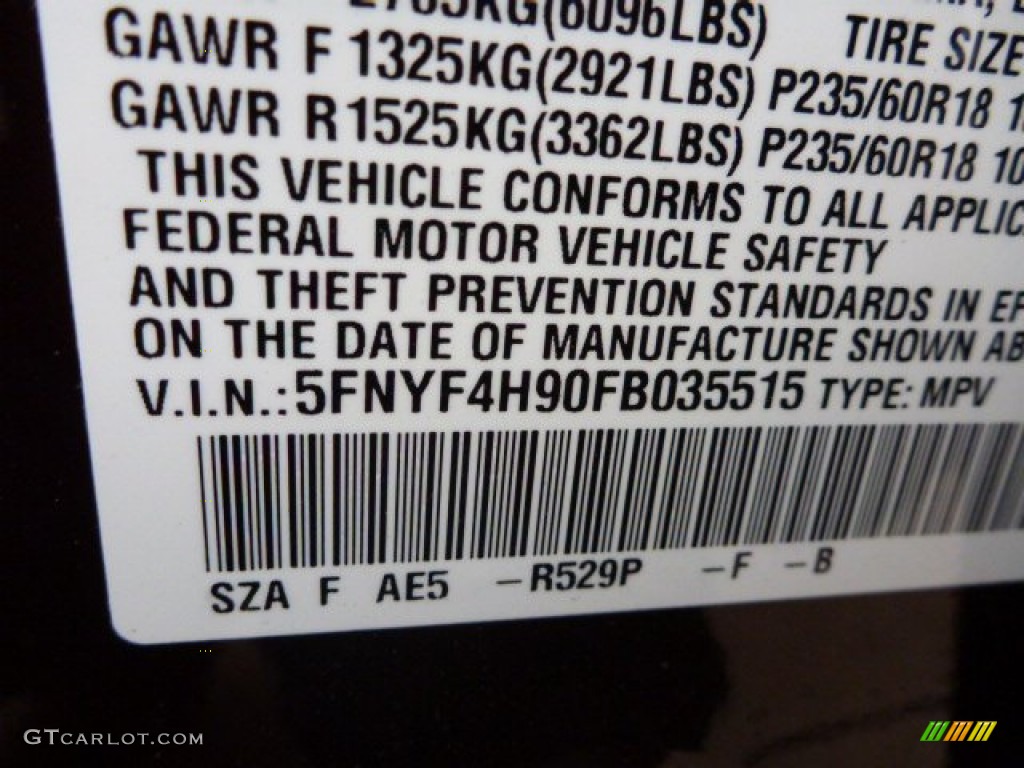 2015 Honda Pilot Touring 4WD Color Code Photos