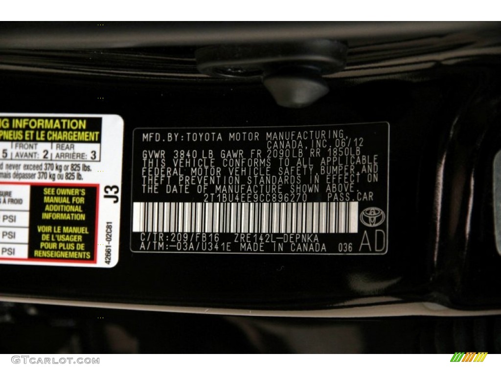 2012 Corolla Color Code 209 for Black Sand Pearl Photo #102450496