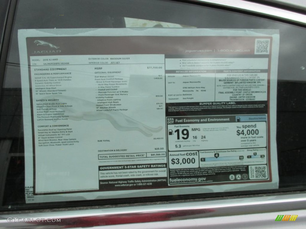 2015 Jaguar XJ XJ AWD Window Sticker Photo #102479412