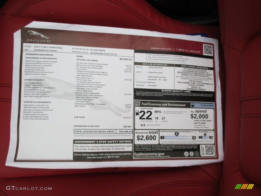 2015 Jaguar F-TYPE S Convertible Window Sticker Photos