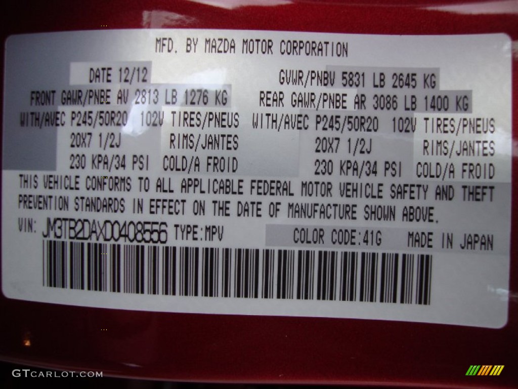 2013 CX-9 Color Code 41G for Zeal Red Mica Photo #102482271