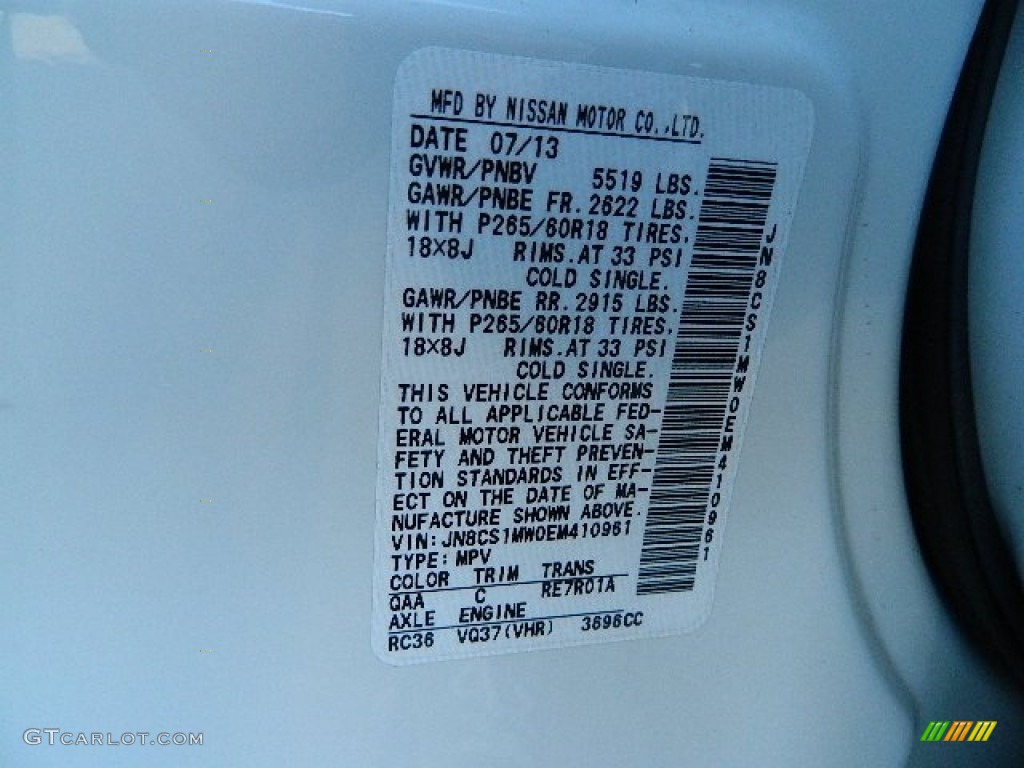 2014 QX70 Color Code QAA for Moonlight White Photo #102511235