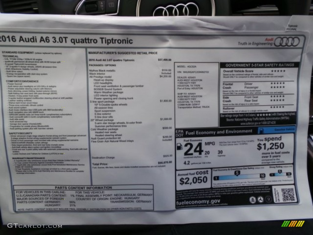 2016 Audi A6 3.0 TFSI Prestige quattro Window Sticker Photo #102522488
